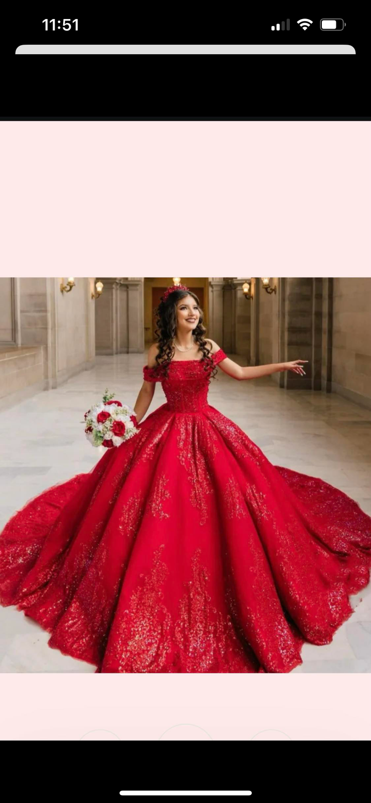 Elegant, off shoulder sparkle red dress with bow back and long train