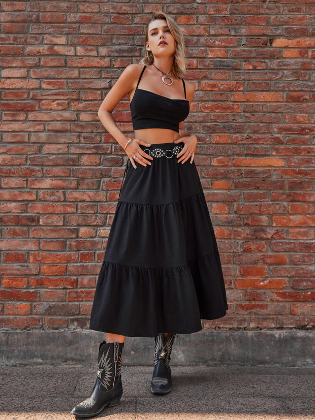 Elastic Waist Tiered Midi Skirt