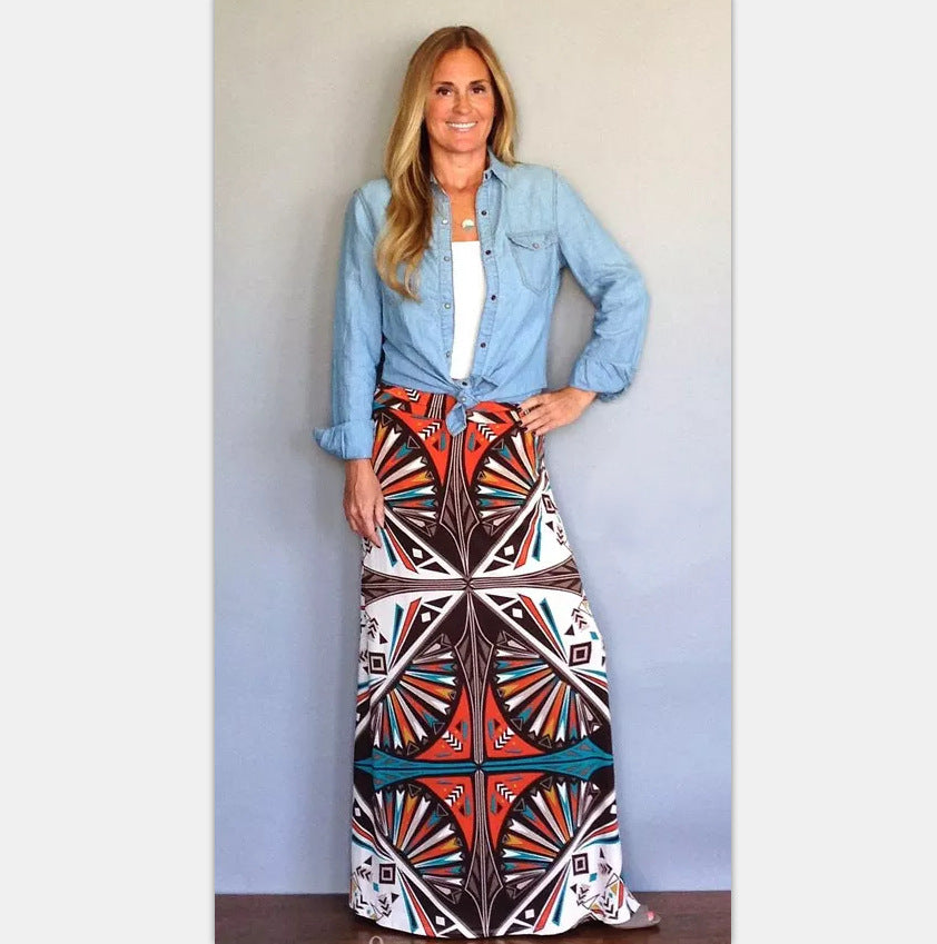 Exotic print big swing boho skirt