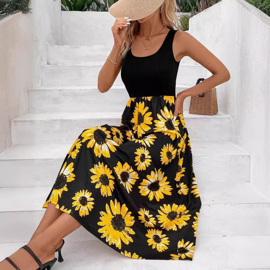 Elegant Stitching Sunflower Print Skirt