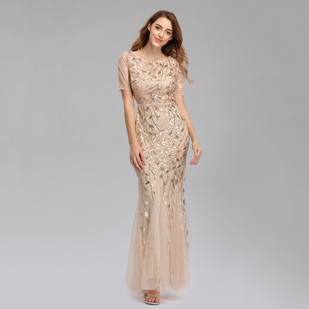 Gauze Sequin Fishtail Evening Dress