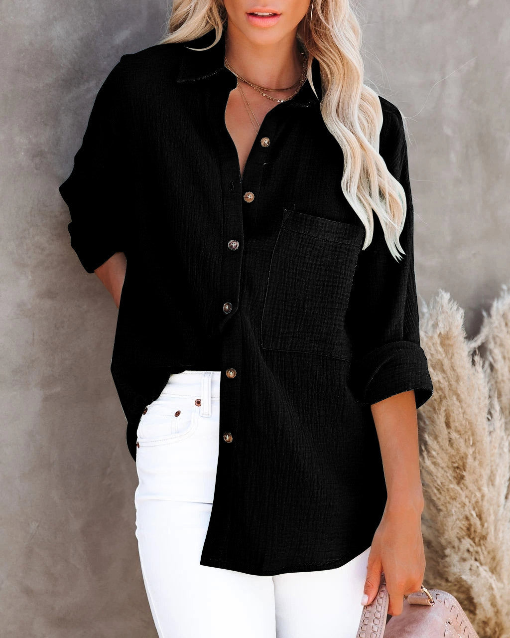 V Neck Button Ladies Cotton Linen Shirt