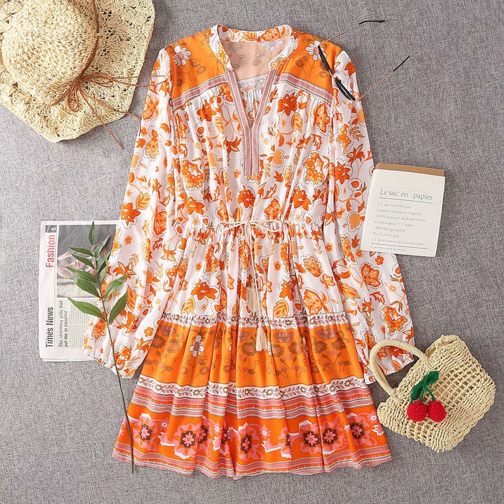 Ethnic boho floral lace-up dress