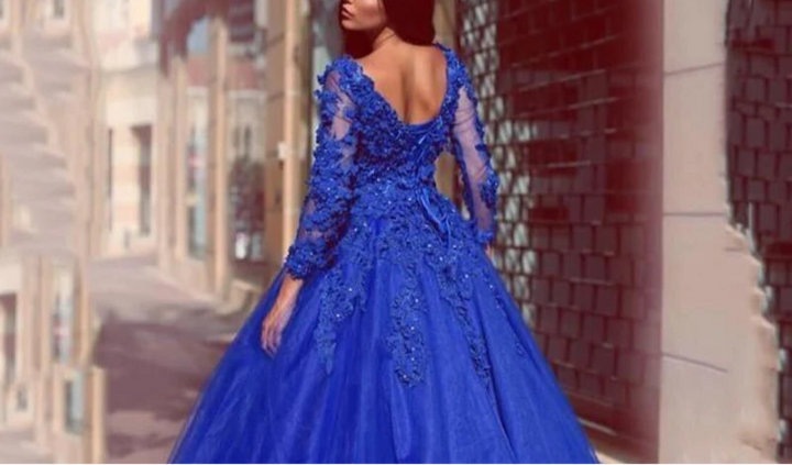 Royal Blue Lace Tulle Long Sleeve Quinceanera Dress