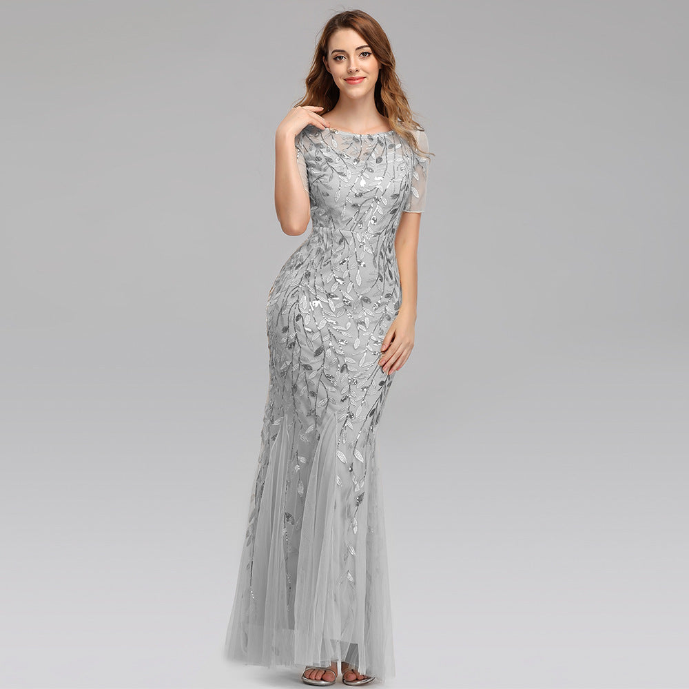 Gauze Sequin Fishtail Evening Dress