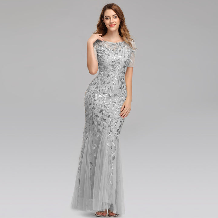 Gauze Sequin Fishtail Evening Dress