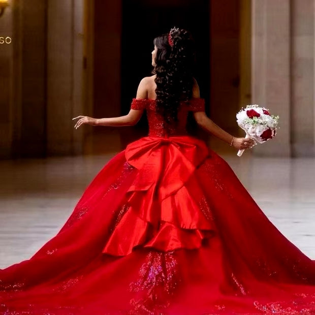 Elegant, off shoulder sparkle red dress with bow back and long train