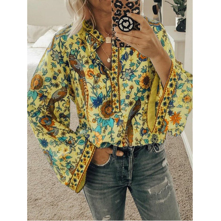 Peacock Print Loose Long Sleeve Boho Shirt