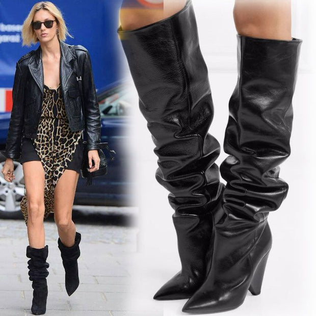 Pointed-toe Folds Profiled Heel Over The Knee Boots