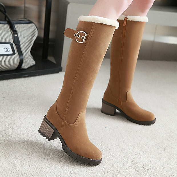 Chunky Heel Suede Buckle Zipper Warm Knee-length Boots