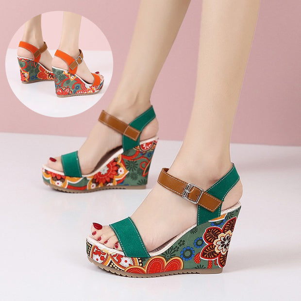 Flowers Embroidered High Wedge Sandals