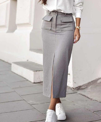 Casual Pocket Slit Hip Skirt