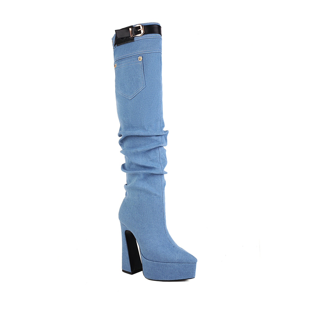 Women's Pointed Toe Platform Chunky Heel Denim Straight Over Knee Boots