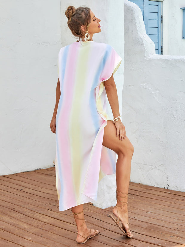 Slit Striped Notched Short Sleeve Cover Up