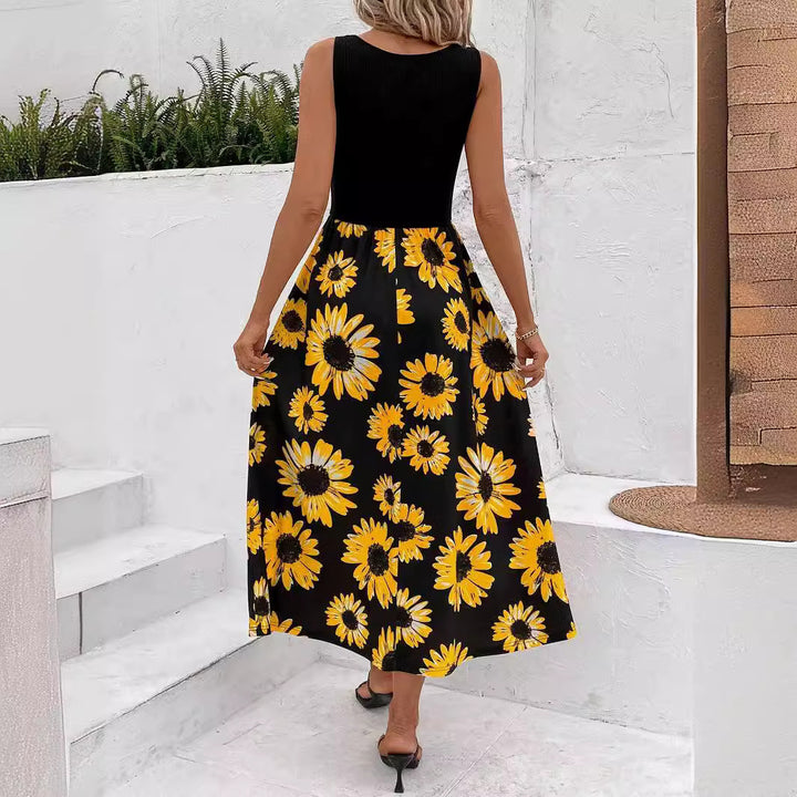 Elegant Stitching Sunflower Print Skirt