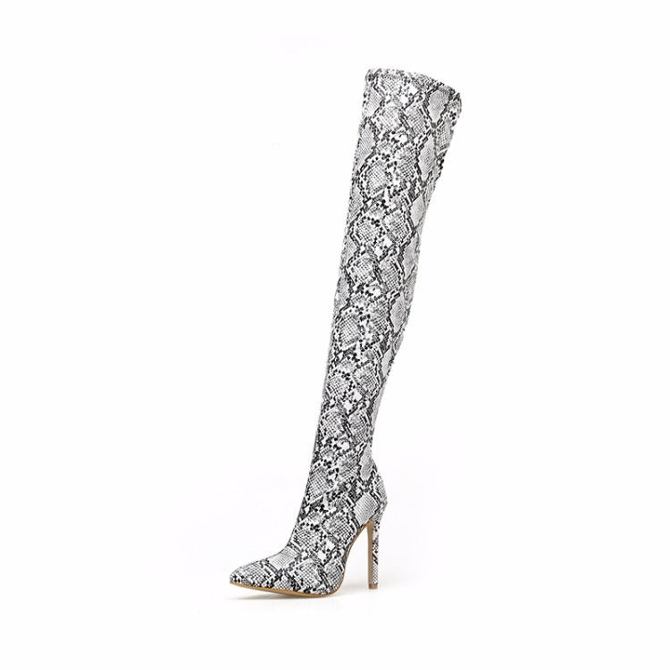 Snake Skin Print Pointed Toe Stiletto Over The Knee Boots