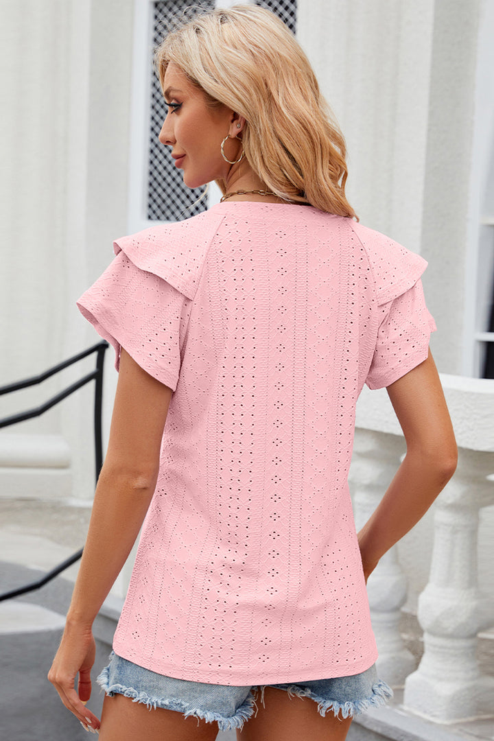 Eyelet Notched Flutter Sleeve T-Shirt