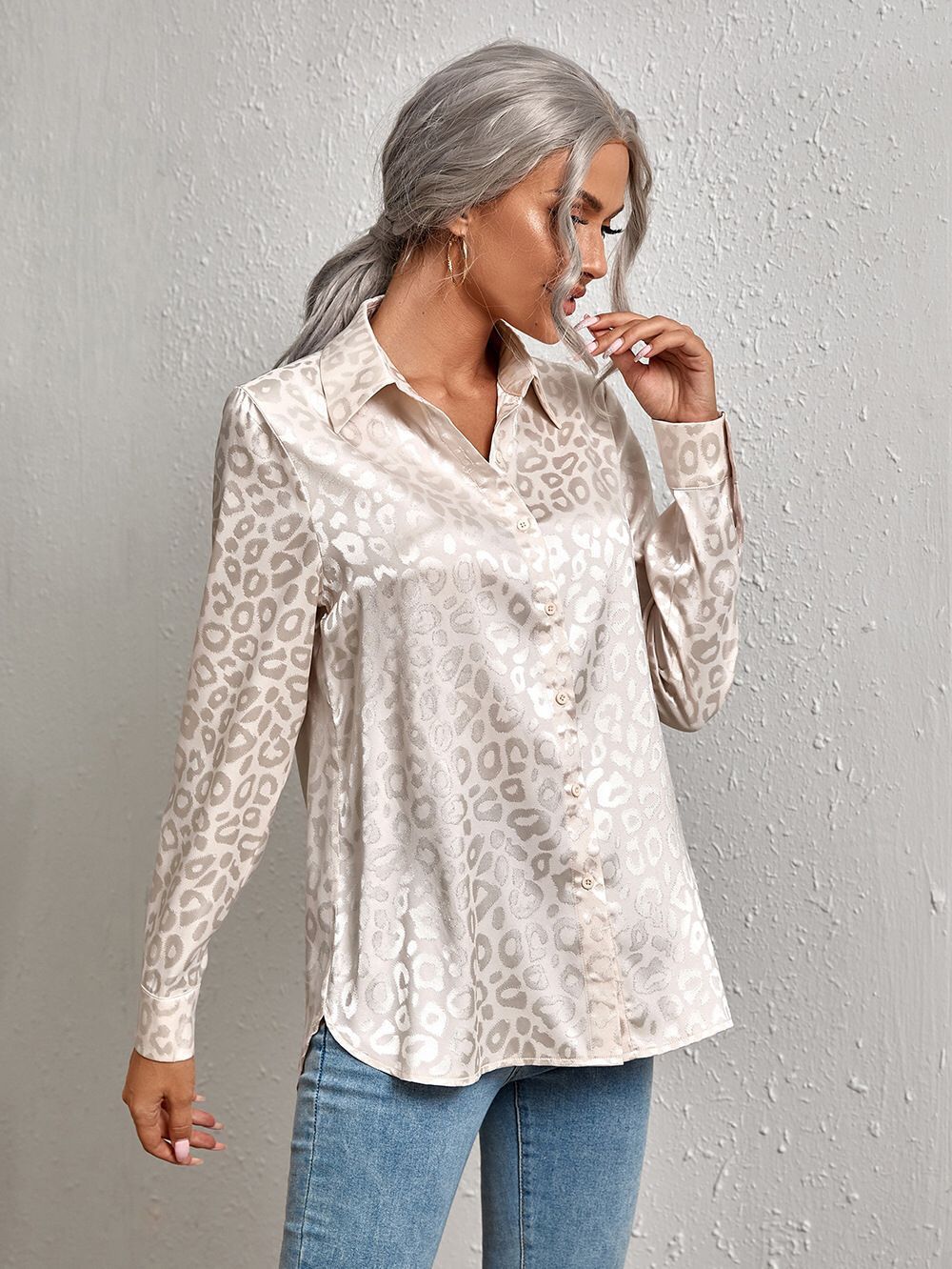 Lapel Leopard  Faux Silk  Button Down Shirt Shirt