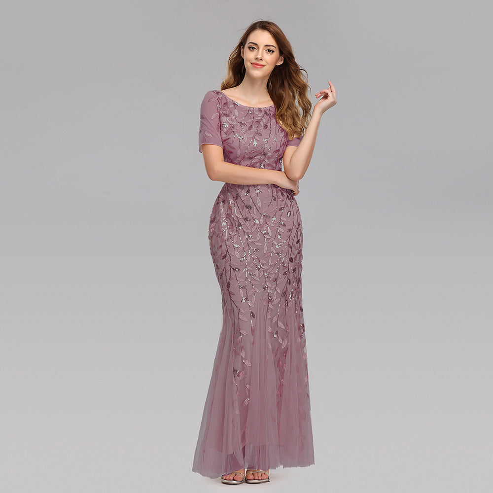 Gauze Sequin Fishtail Evening Dress