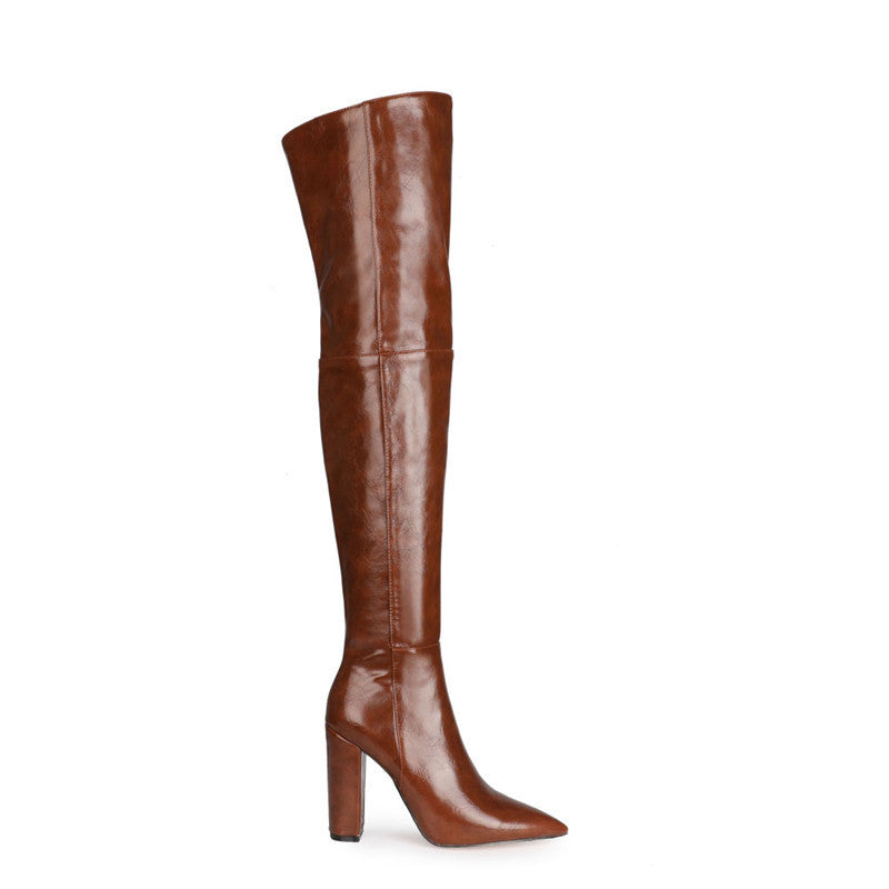 Pointed Side Zipper Thick Heel Over-the-knee Boots