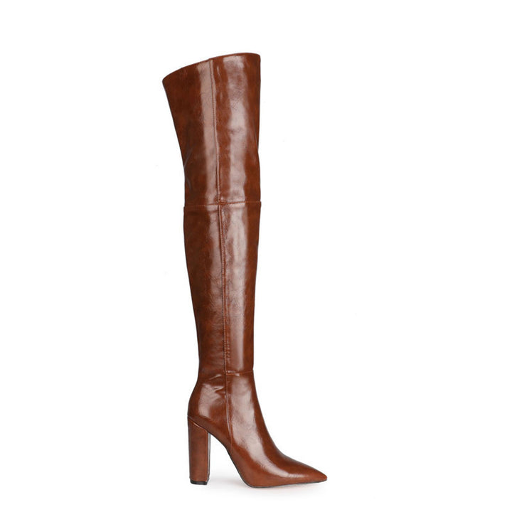 Pointed Side Zipper Thick Heel Over-the-knee Boots