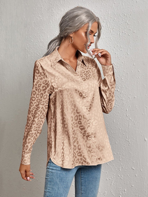 Lapel Leopard  Faux Silk  Button Down Shirt Shirt