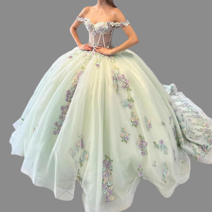 Puffy Beaded  Lace  Off  Shoulder Quinceanera Dress