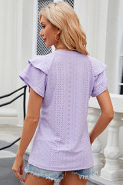 Eyelet Notched Flutter Sleeve T-Shirt