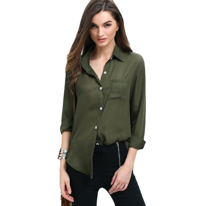 Lapel button chiffon shirt