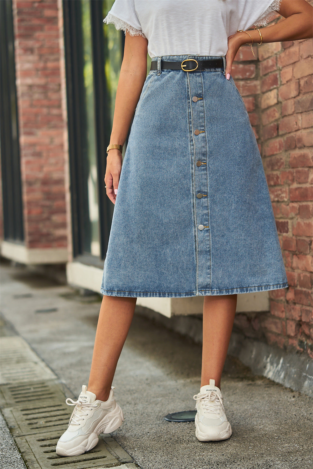 Washed Denim Breasted Skirt