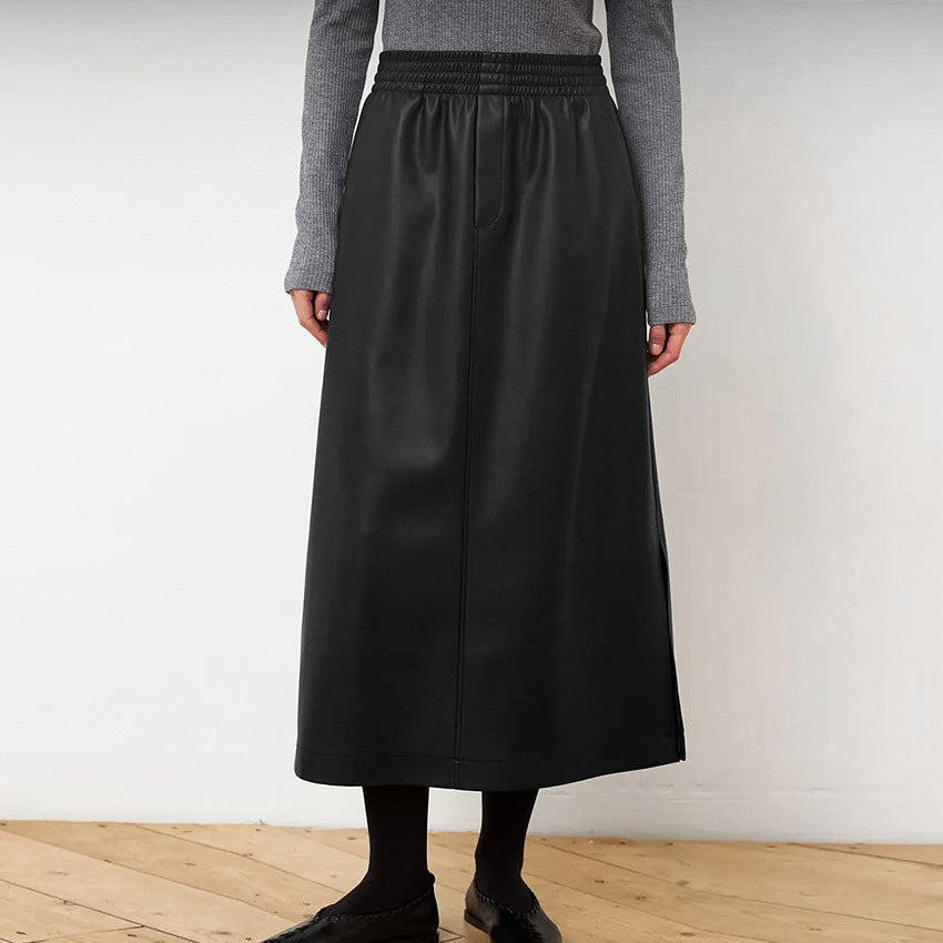 Leather Elastic Waist A- Line Skirt