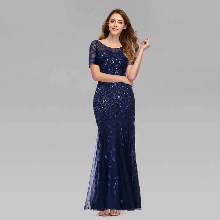 Gauze Sequin Fishtail Evening Dress