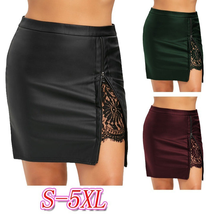 Lace Stitching Half Waist Leather Skirt