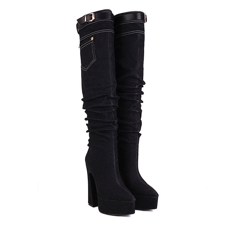 Women's Pointed Toe Platform Chunky Heel Denim Straight Over Knee Boots