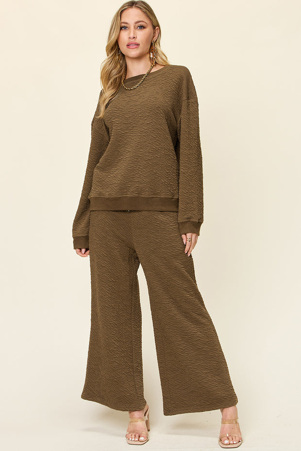 Double Take Full Size Texture Long Sleeve Top and Pants Set