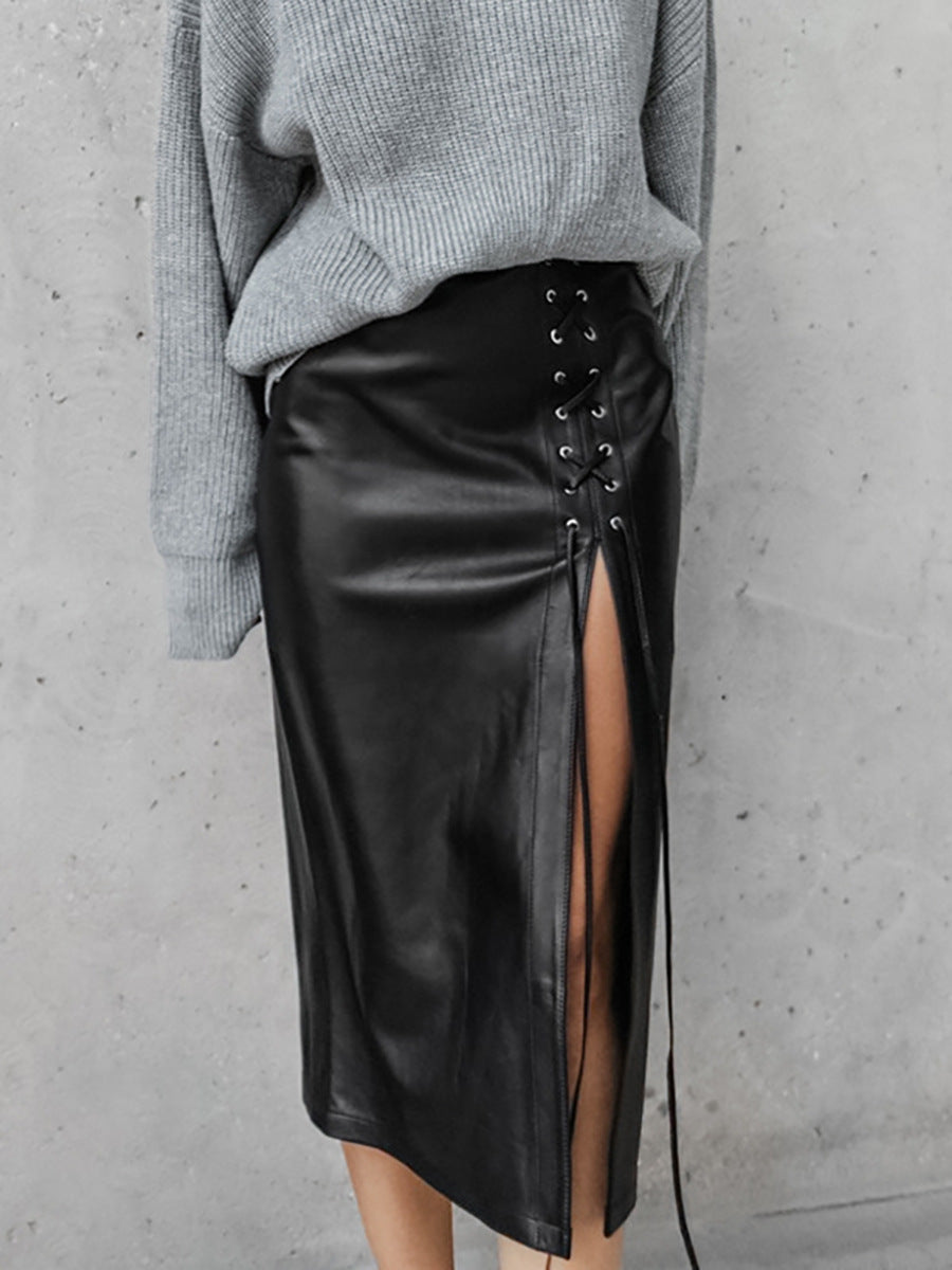 Punk Lace-up PU Leather Skirt