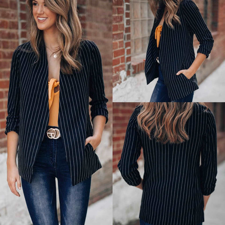 British style striped denim blazer