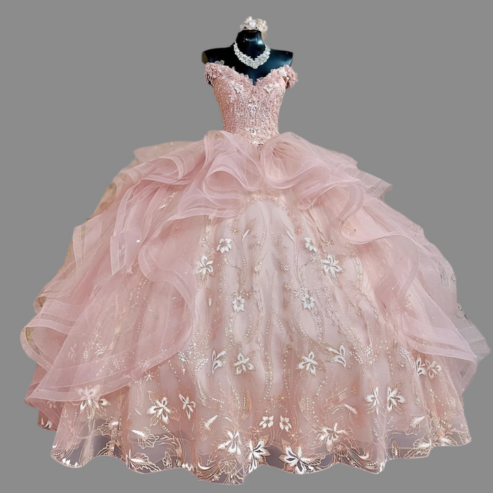 Glittering Pink Off-Shoulder Quinceanera Dress