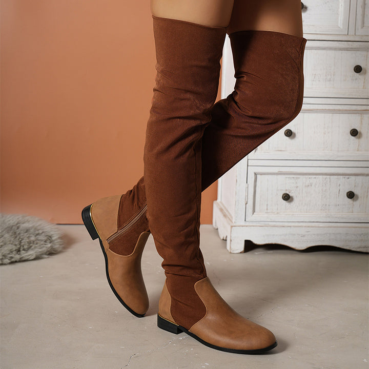 Women Suede Stitch Low-heel Long Boots With Side Zipper Design Over-the-knee Boots