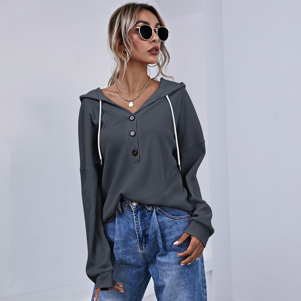 Women's Hooded Shirt Button Long Sleeve Top