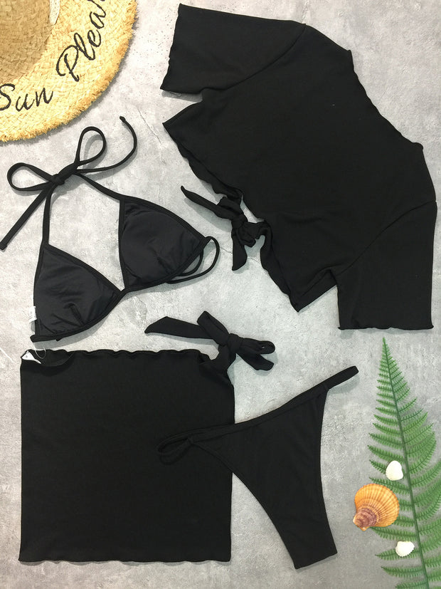 Halter Neck Bikini and Cover Up Four-Piece Swim Set