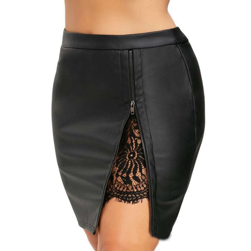 Lace Stitching Half Waist Leather Skirt