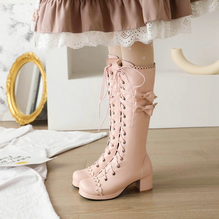 Lolita Round Head Thick High Heel Knee High Boots