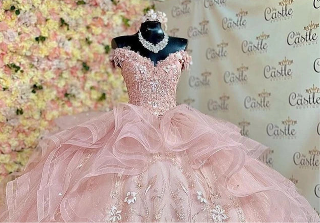 Glittering Pink Off-Shoulder Quinceanera Dress