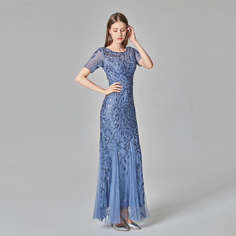 Gauze Sequin Fishtail Evening Dress