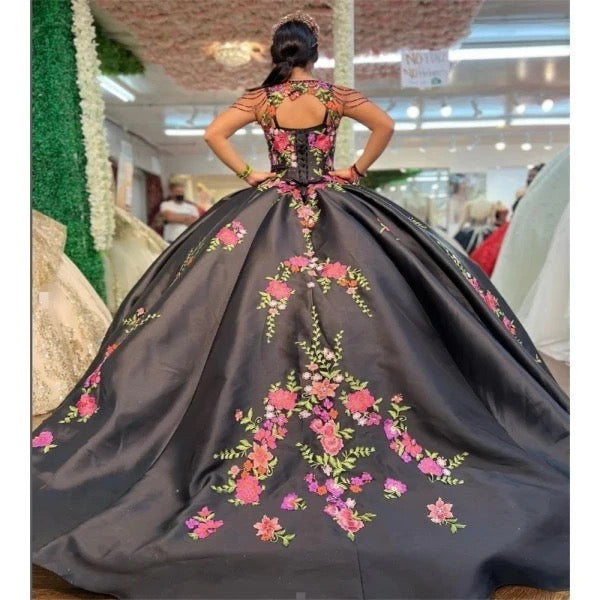 Long Sleeve Floral Embroidery Quinceanera Dress