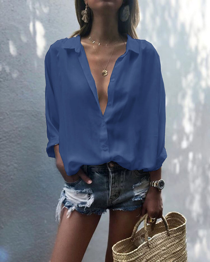 V-neck button chiffon shirt