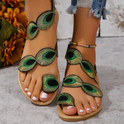 Peacock Embroidery Pattern Flat Sandals