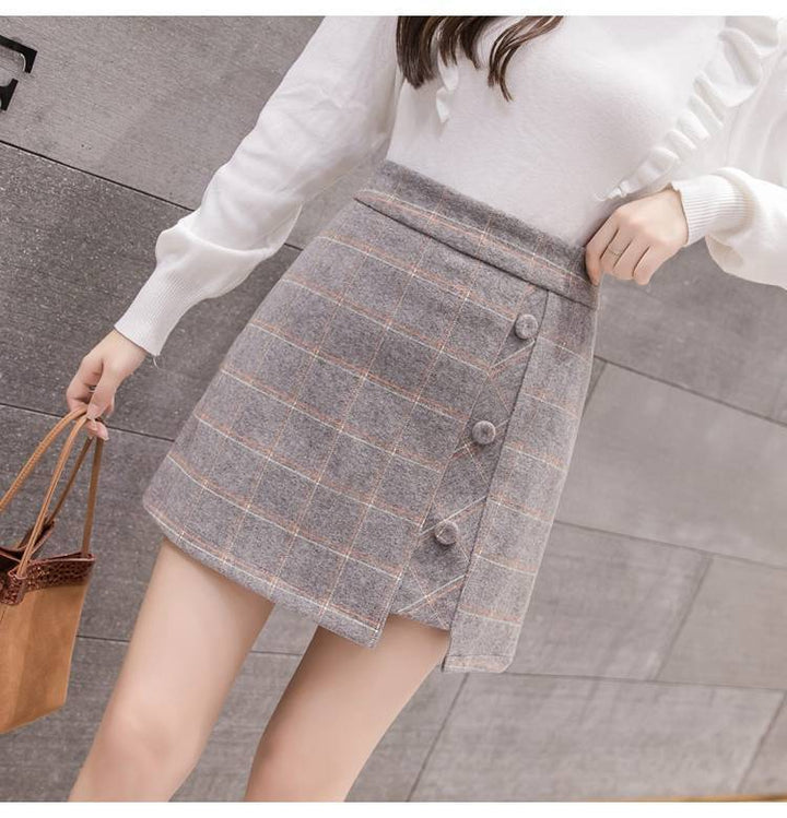 Plaid Irregular Woolen Short Skirt