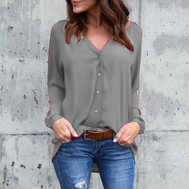 V-neck pleated button shirt